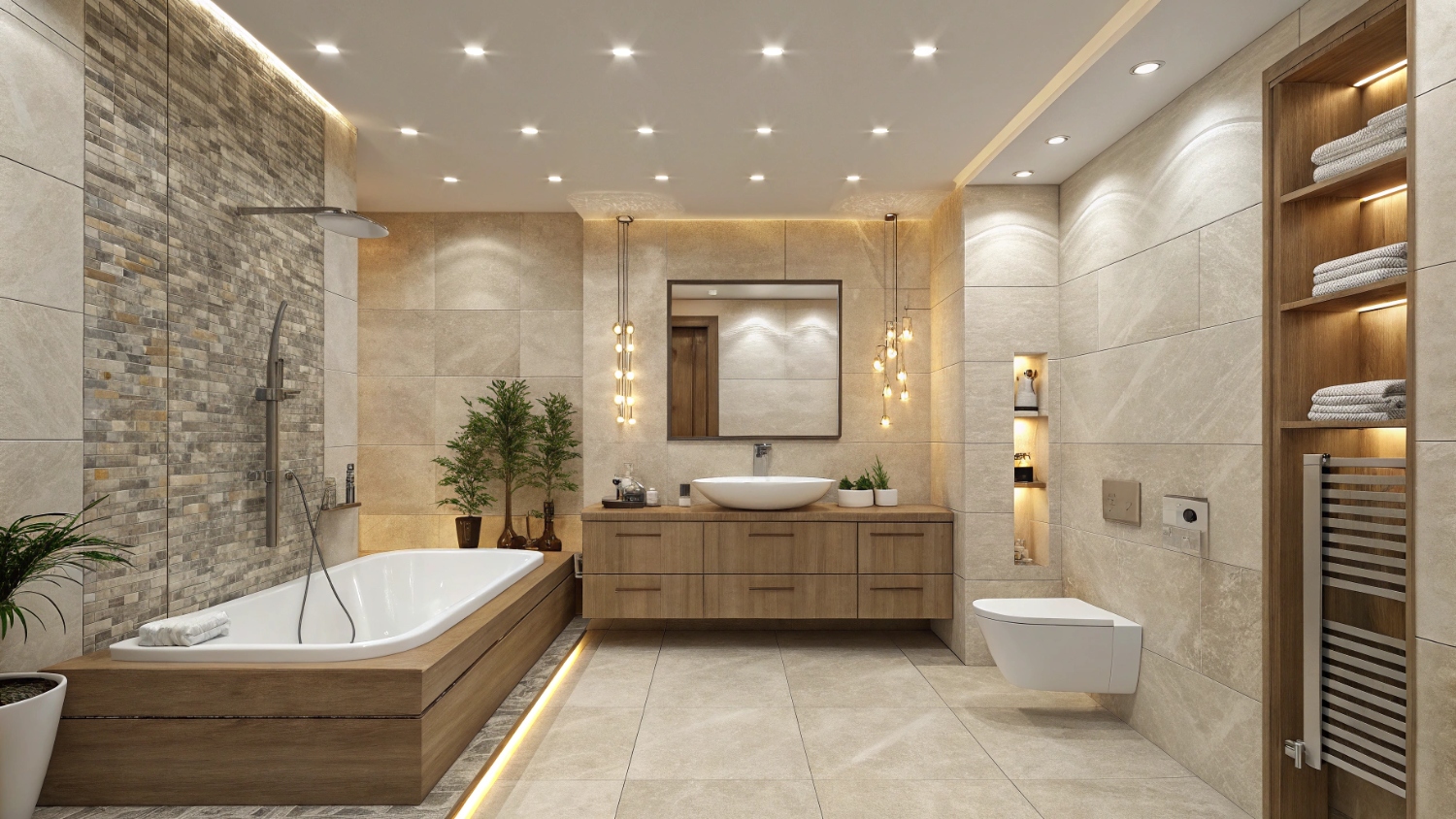 Гармоничное сочетание керамики и встроенного света в ванной комнате