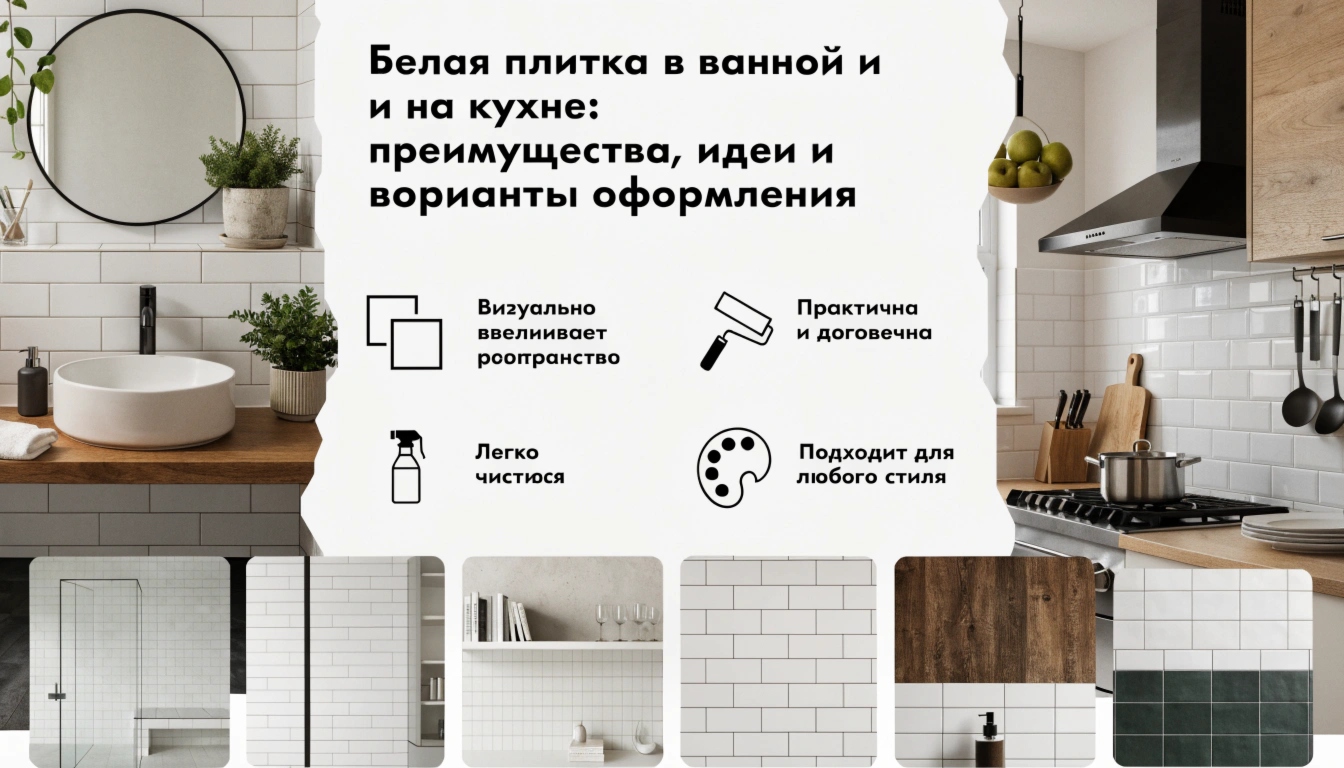 Белая плитка в ванной и на кухне: идеи оформления, сочетания и преимущества