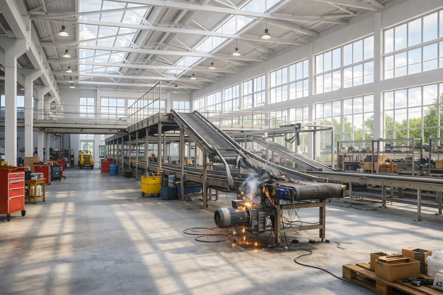 Иллюстрация типичных последствий ошибок: неработающие станки на складе приводят к убыткам.