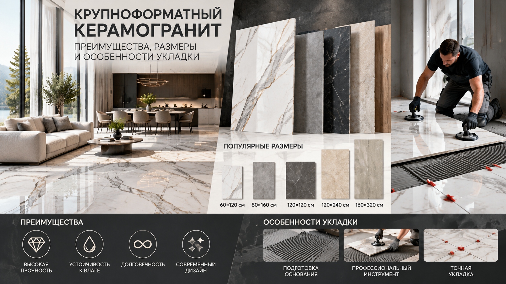 Крупноформатный керамогранит: преимущества, размеры и особенности укладки